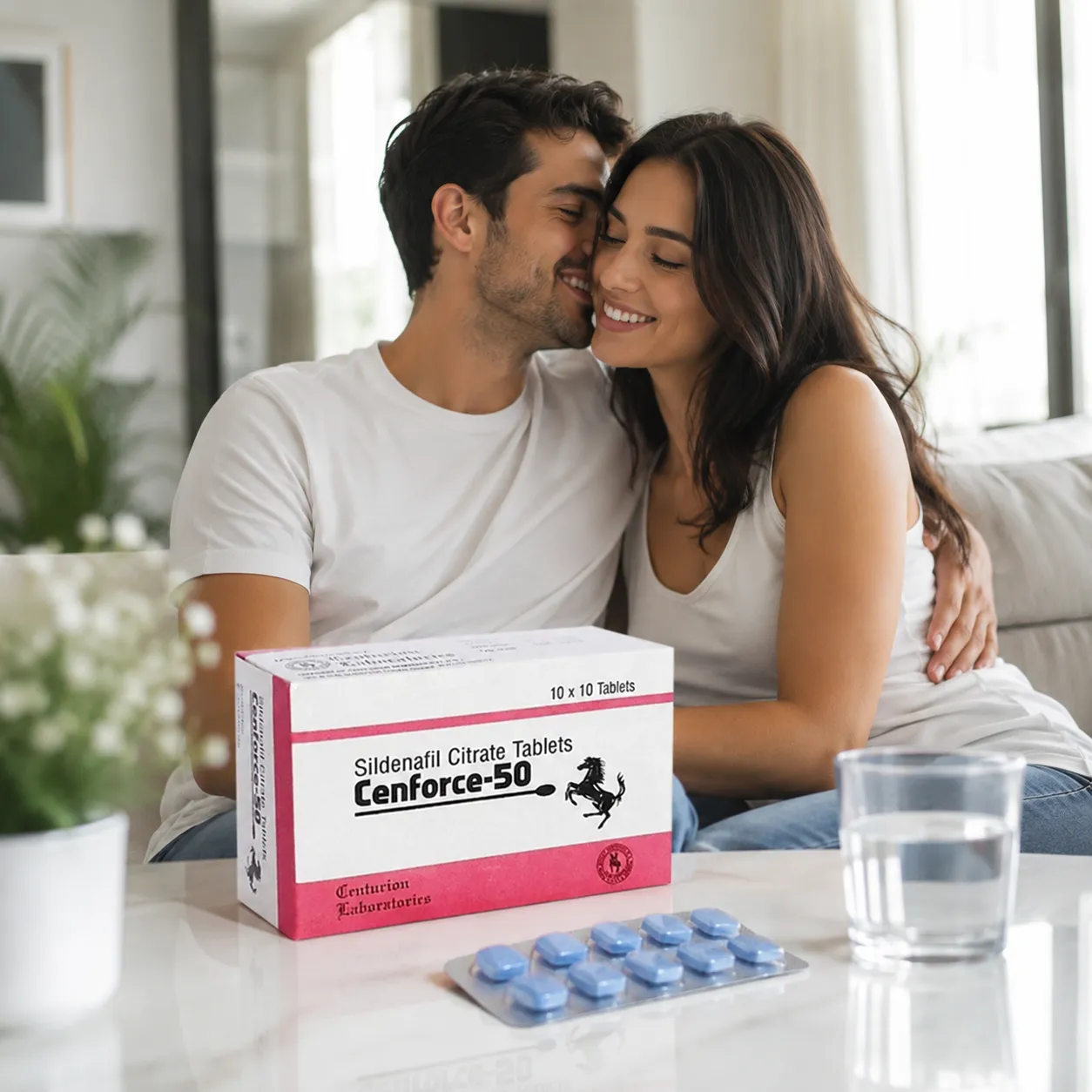 Adult couple sitting together with Cenforce 50mg box and tablets