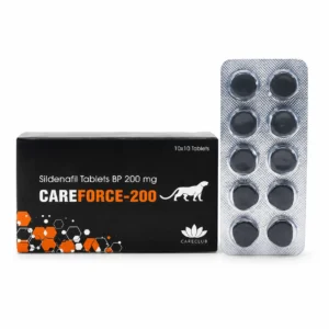 CareForce 200mg black medicine box with dark tablets in blister strip