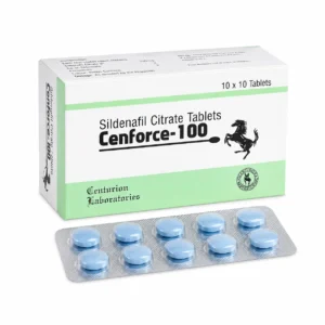 Cenforce 100mg box with blue tablets in blister strip on white background