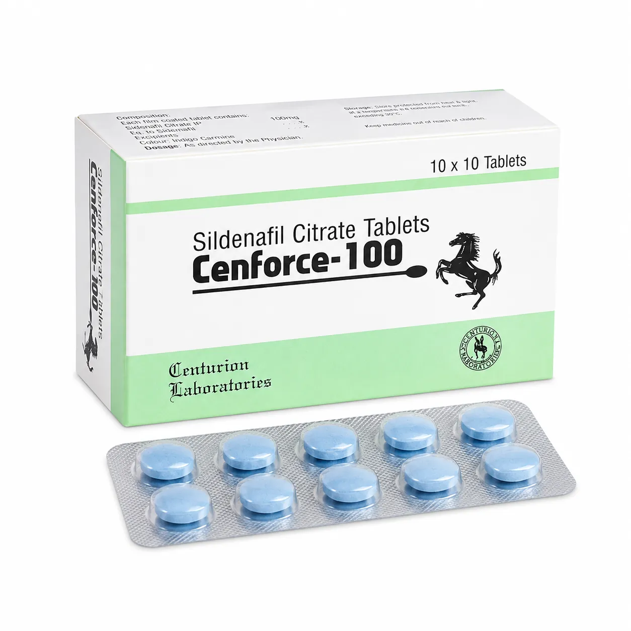 Cenforce 100mg box with blue tablets in blister strip on white background
