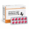 Cenforce 150mg box with pink tablets in blister strip on white background