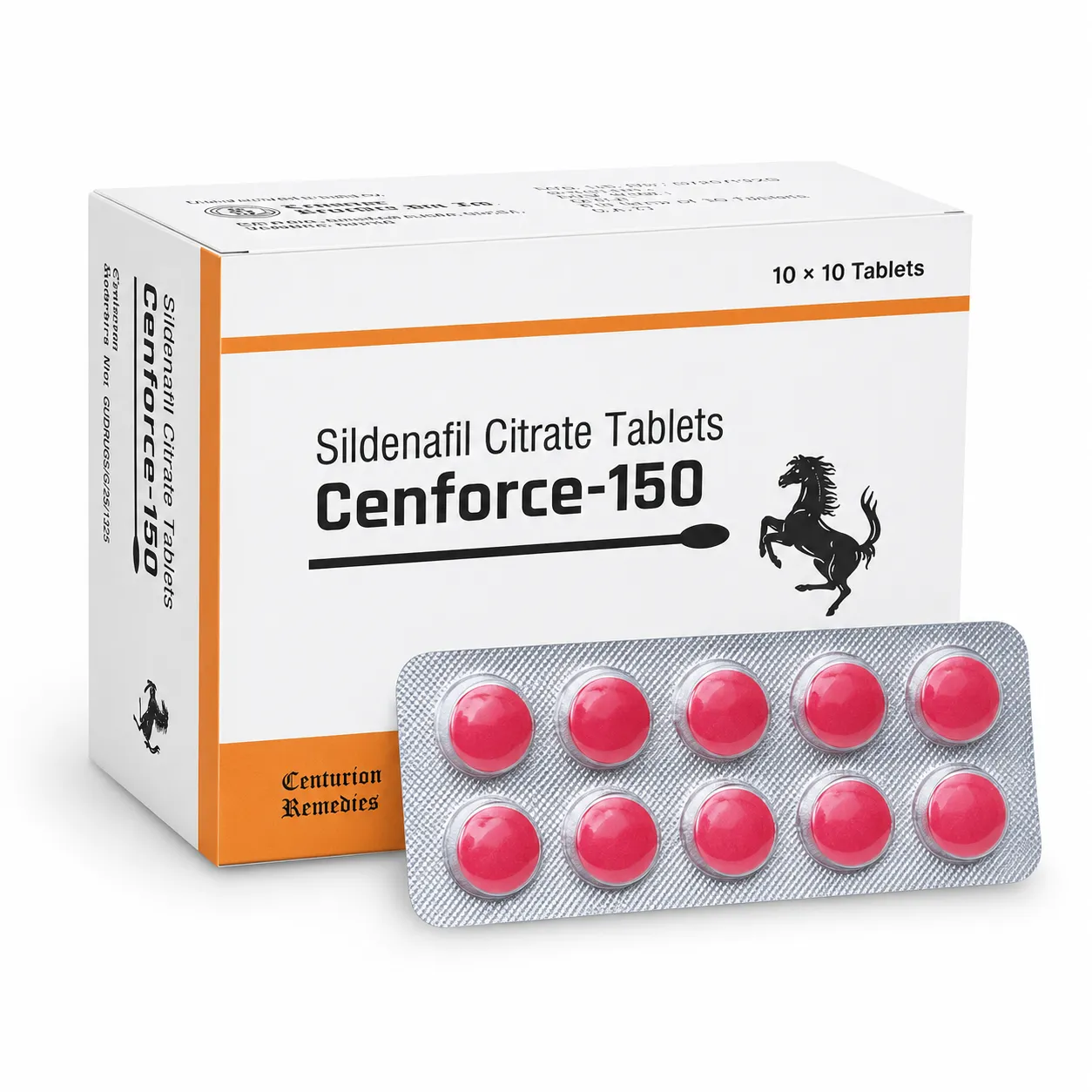 Cenforce 150mg box with pink tablets in blister strip on white background