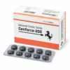 Cenforce 200mg box with black tablets in blister strip on white background