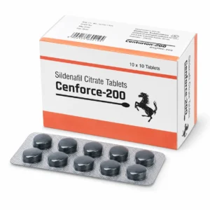 Cenforce 200mg box with black tablets in blister strip on white background