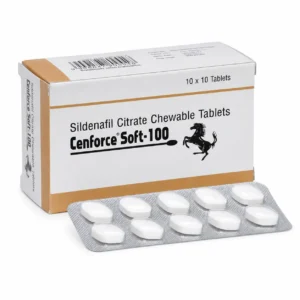Cenforce Soft 100mg box with white chewable tablets in blister strip