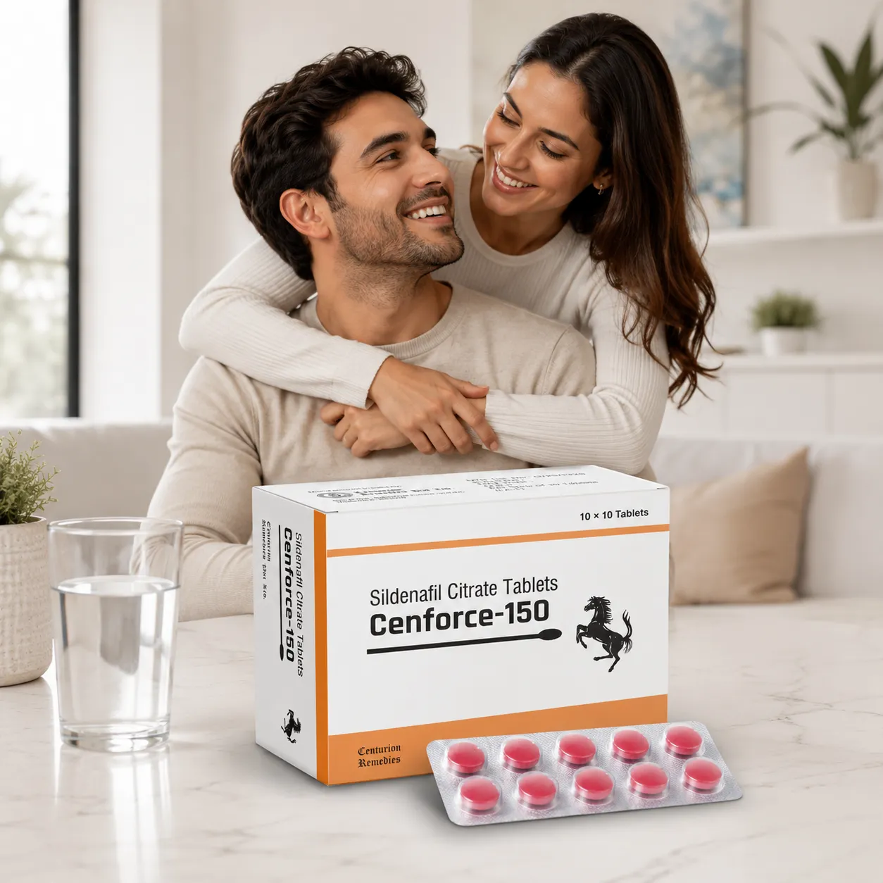 Happy adult couple with Cenforce 150mg box and tablet strip at home