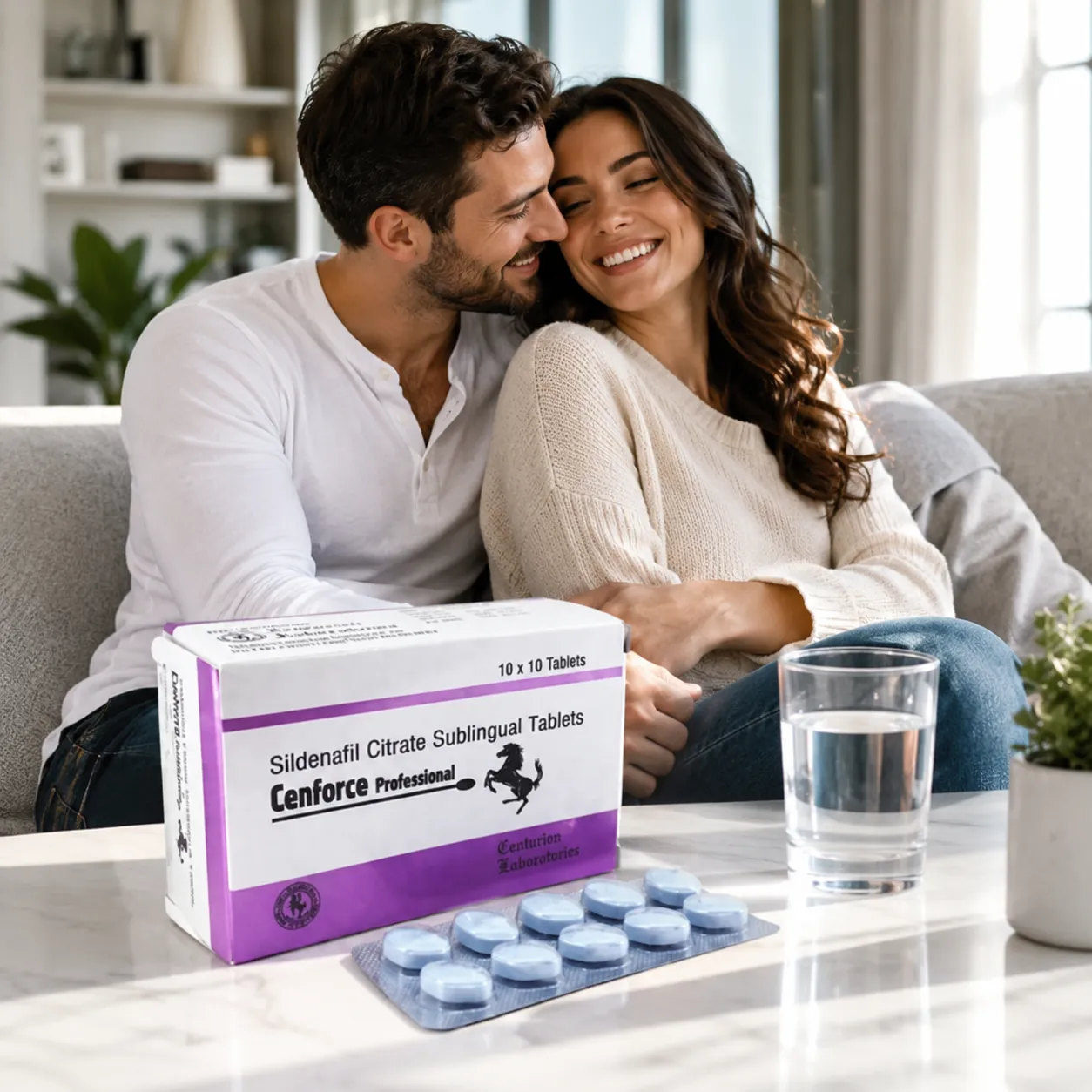 Happy adult couple with Cenforce Professional box and tablet strip