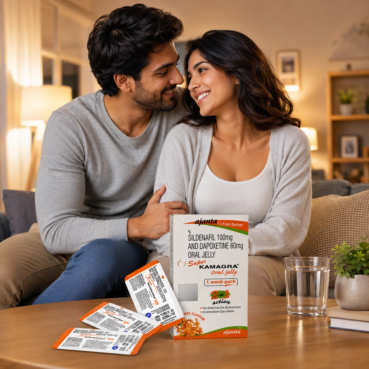 Happy adult couple with Super Kamagra Jelly box and sachets at home