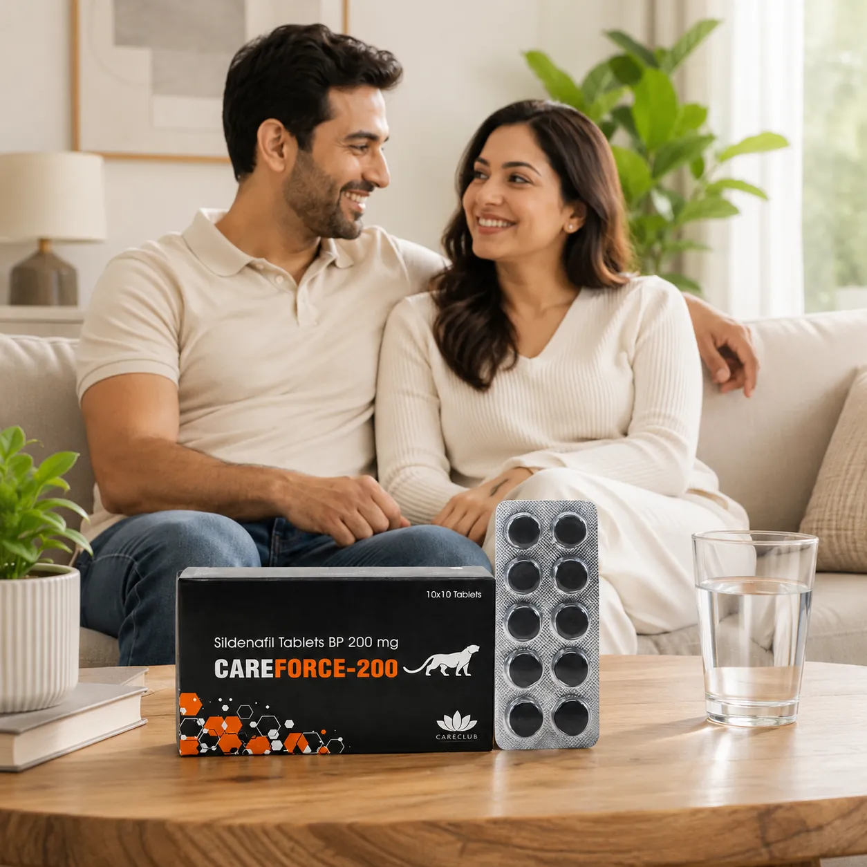 Smiling adult couple with CareForce 200mg box and tablet strip on table