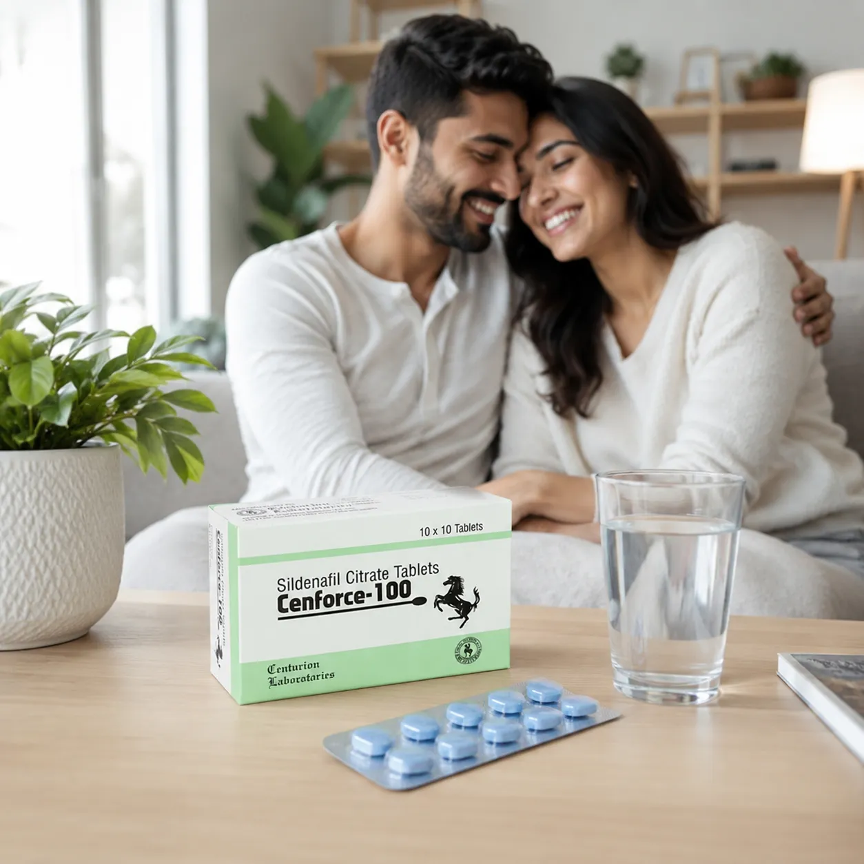 Smiling adult couple with Cenforce 100mg box and blister pack on table
