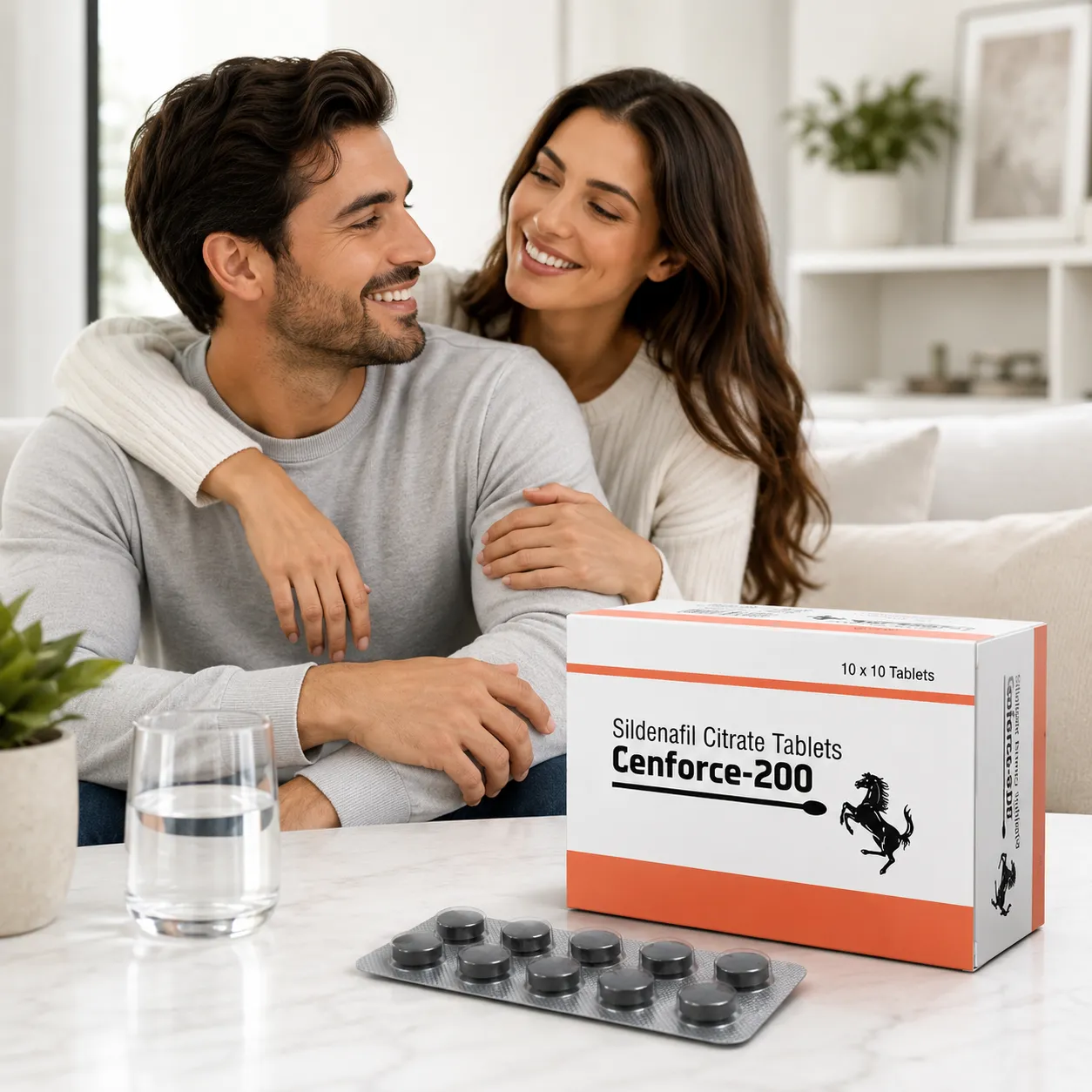 Smiling adult couple with Cenforce 200mg box and blister strip on table