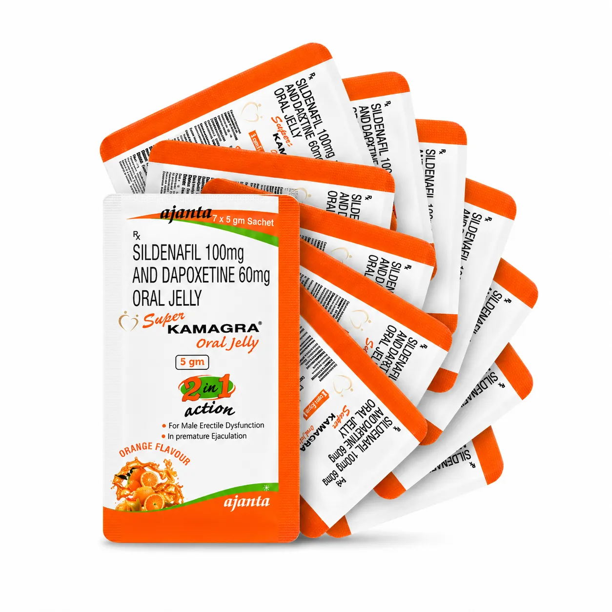 Super Kamagra Jelly orange sachets arranged on white background