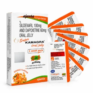 Super Kamagra Oral Jelly box with orange flavour sachets