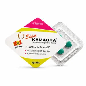 Super Kamagra tablets pack with green tablets in blister strip