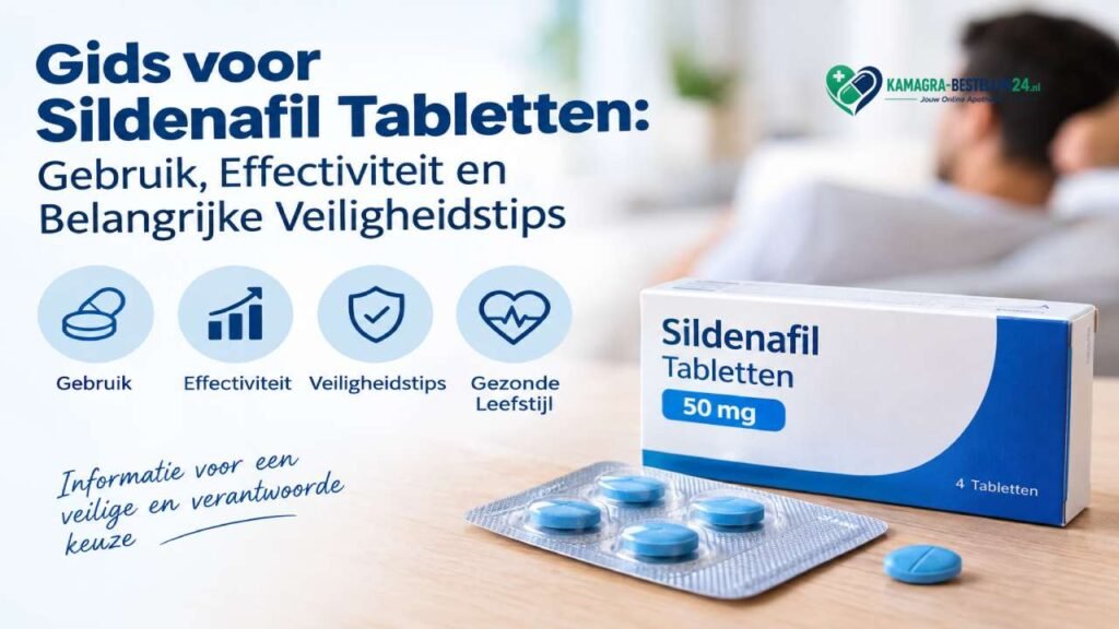 Gids voor sildenafil tabletten met informatie over gebruik, effectiviteit en veiligheid, met een verpakking sildenafil 50 mg en blauwe tabletten.