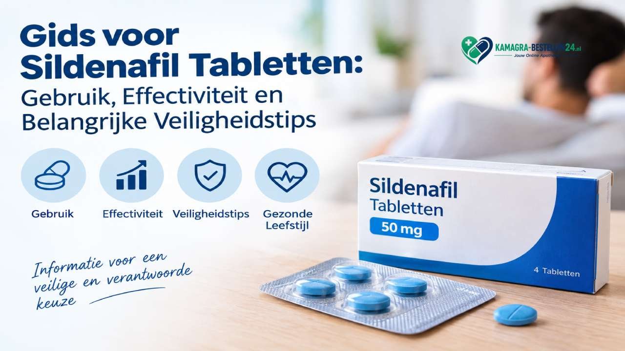 Gids voor sildenafil tabletten met informatie over gebruik, effectiviteit en veiligheid, met een verpakking sildenafil 50 mg en blauwe tabletten.